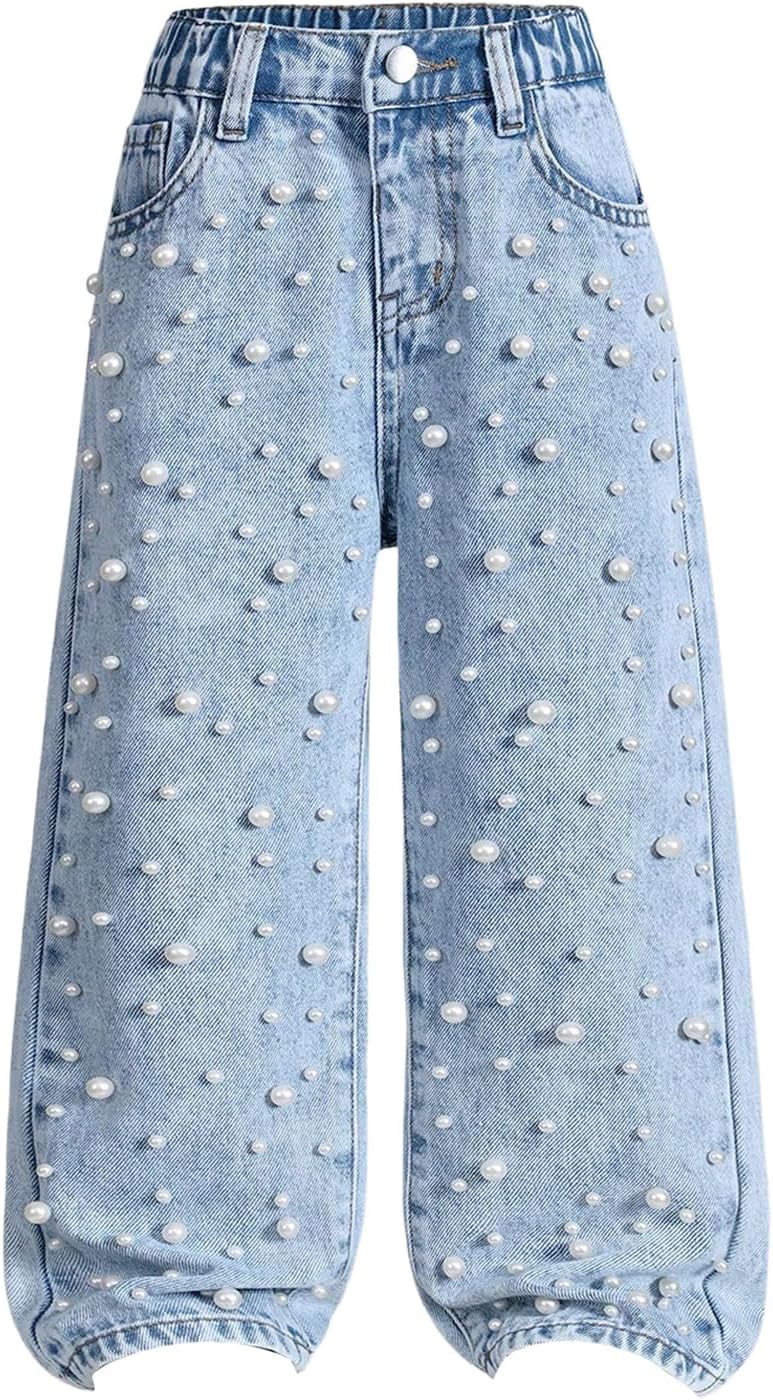WDIRARA Toddler Girl's Pearls Jeans Elastic Waist Straight Leg Denim Pants - Image 1